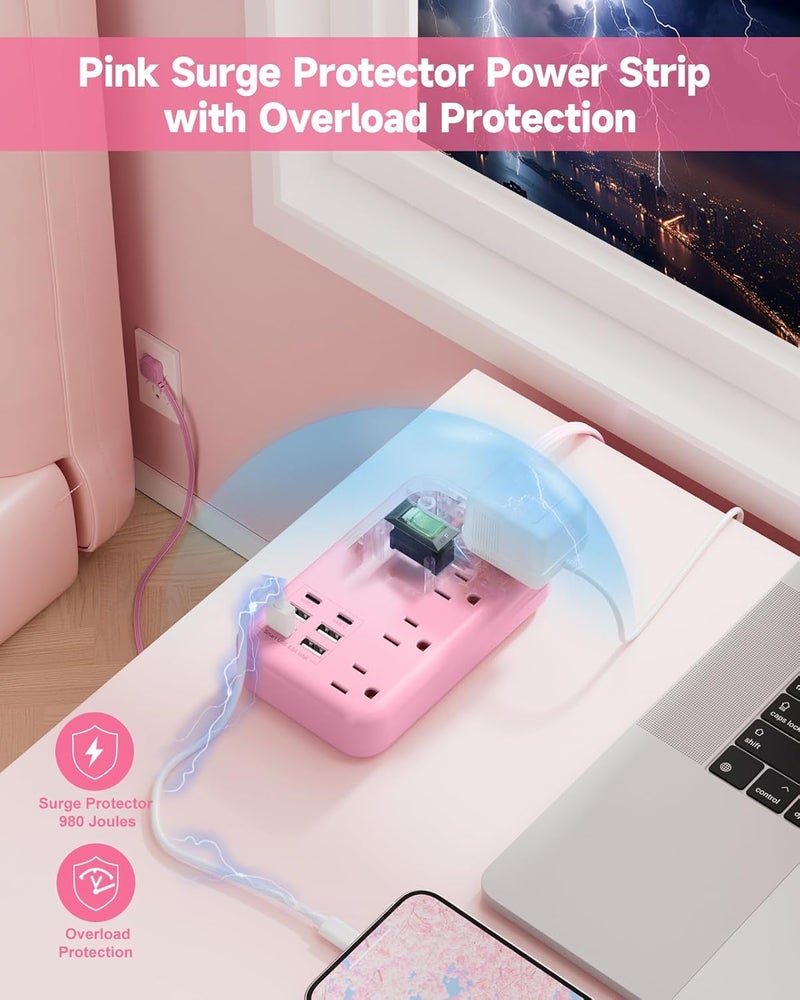 Beeiker 6 USB(2 USB C) Pink Extension Cord- 5Ft Travel Power Strip with 24W USB Charging Station and 4 Outlets, Pink Desk Accessories with Surge Protector for Cute Kawaii Gifts College Dorm Desk - Image 5